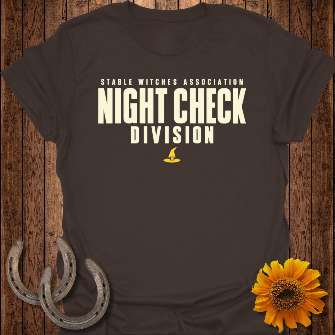 Brown t-shirt with "Stable Witches Association Night Check Division" text.