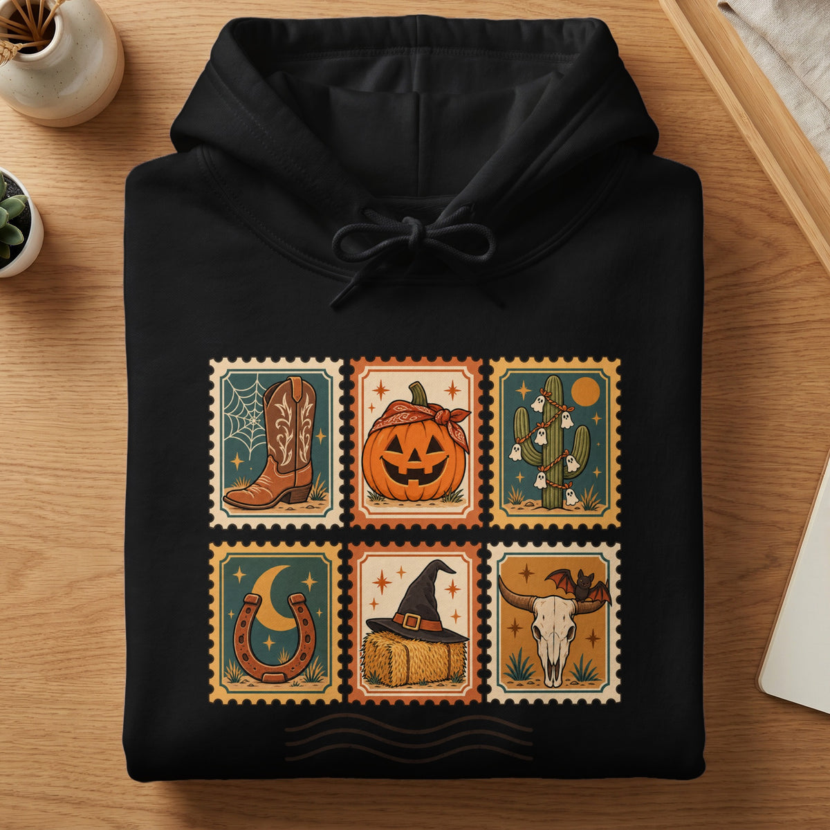 Black hoodie with a six-panel stamp design featuring western and Halloween themes.