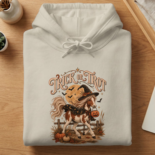 Cream hoodie with "Trick or Trot" text and horse graphic.