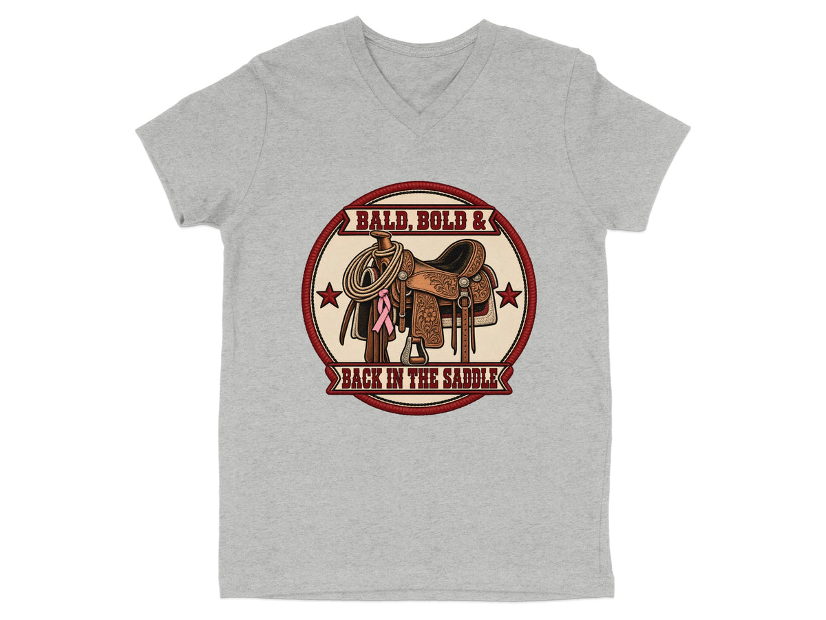 Western saddle with rope, pink ribbon, and text "Bald, Bold & Back in the Saddle".