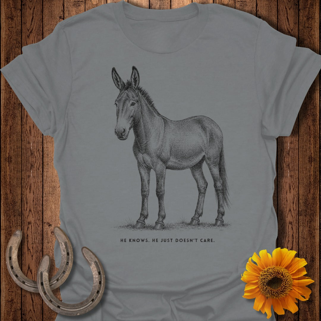 Grey t-shirt featuring a sketch of a mule with text "HE KNOWS. HE JUST DOESN'T CARE."