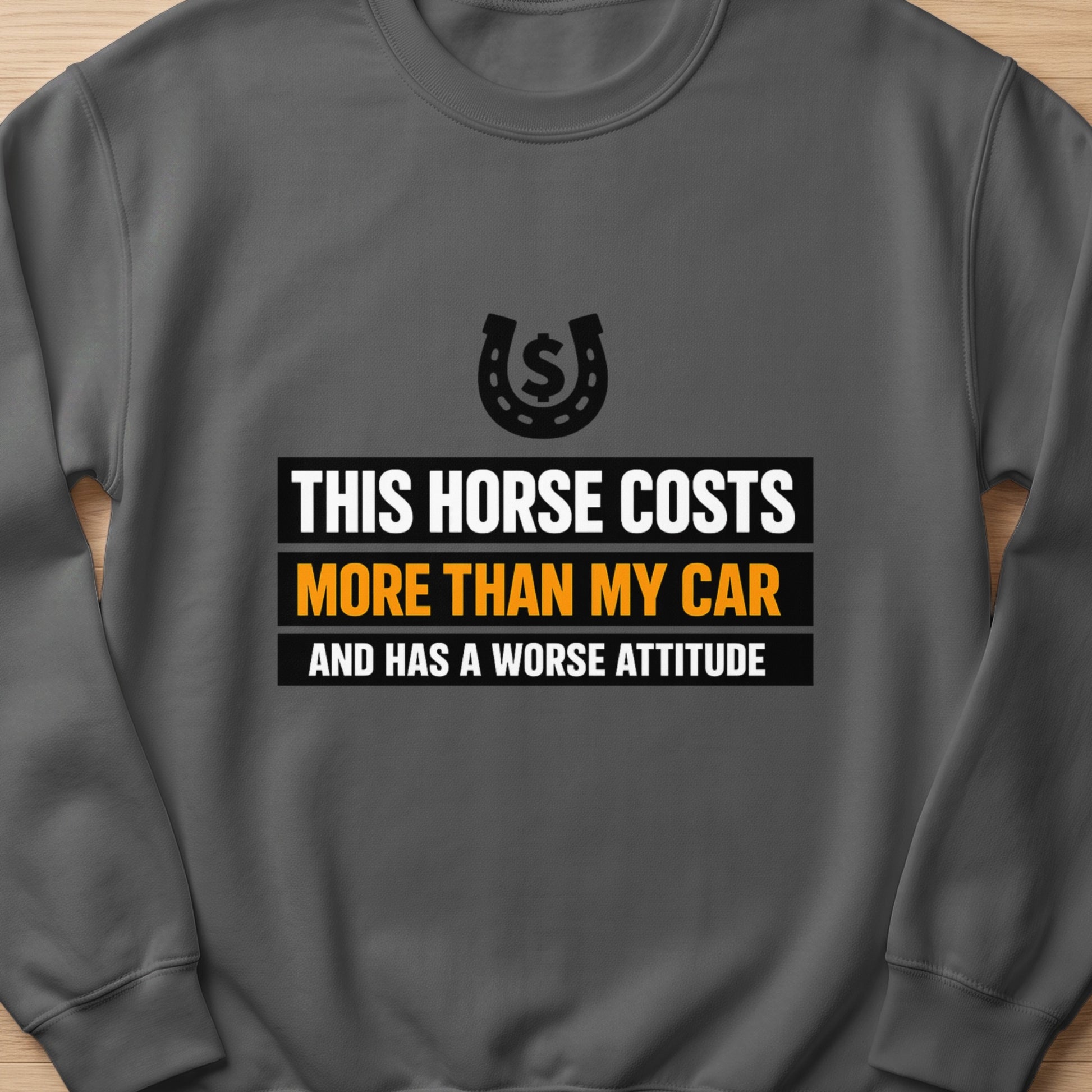 Dark gray sweatshirt with "This horse costs more than my car and has a worse attitude."