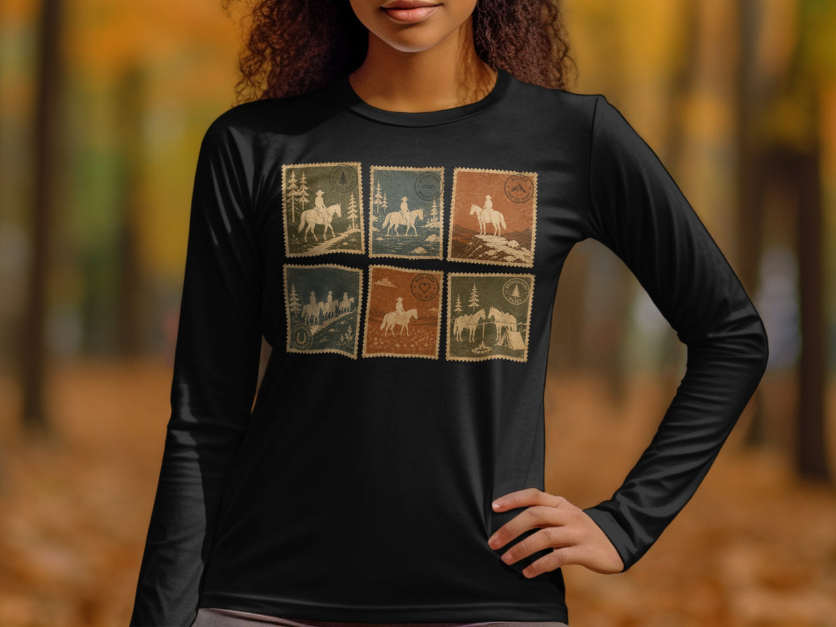 Black long-sleeve shirt with six vintage postage stamp graphics of horseback riding scenes.