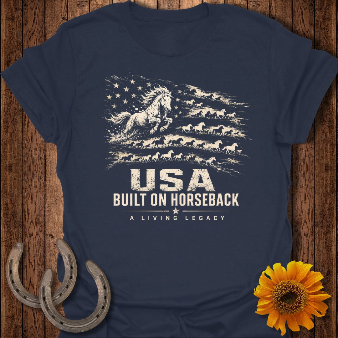 Navy t-shirt with an American flag design made of horses and the text "USA Built On Horseback".