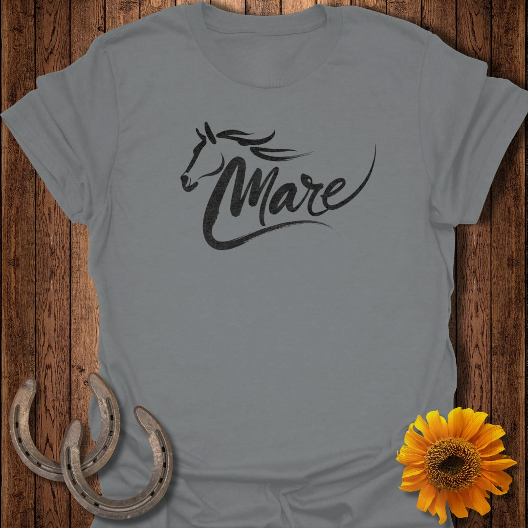 Gray t-shirt with a black horse silhouette and the word "Mare" written in script.