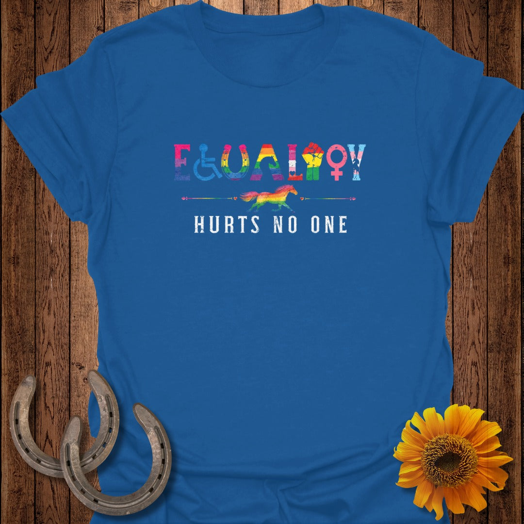 Blue t-shirt with colorful text "Equality Hurts No One" and a horse silhouette.