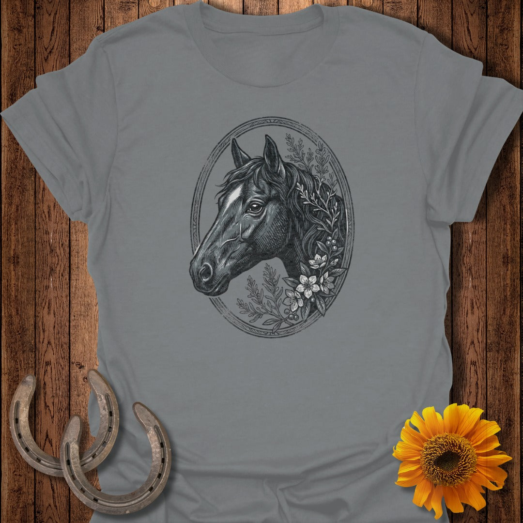 Horse head illustration within an oval frame, surrounded by flowers, on a gray t-shirt.