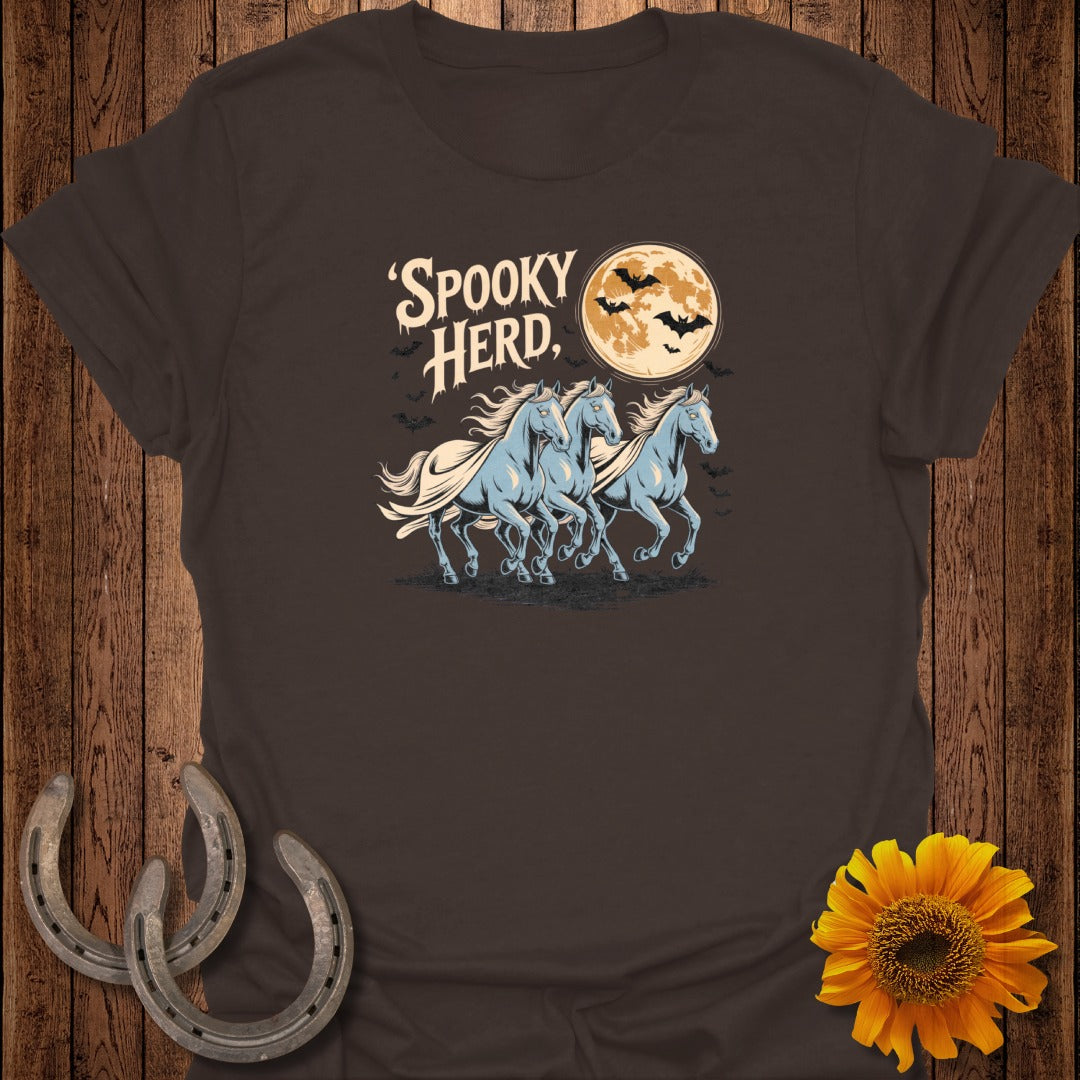 Brown t-shirt with "Spooky Herd" text, three horses, full moon, and bats.