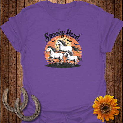 Purple t-shirt with "Spooky Herd" text and three horses running at sunset.