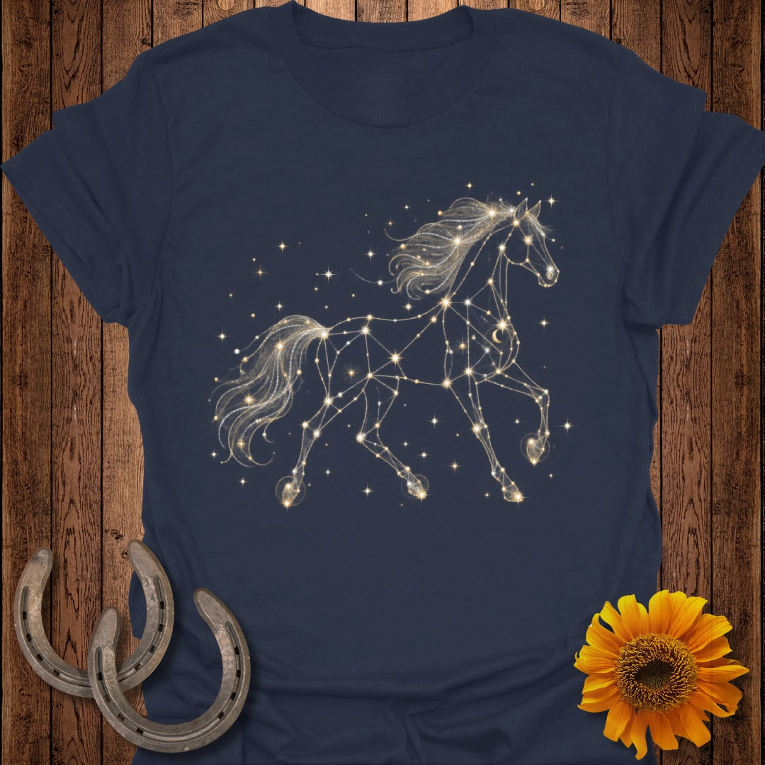 Dark blue t-shirt with a glowing constellation horse graphic and star details.