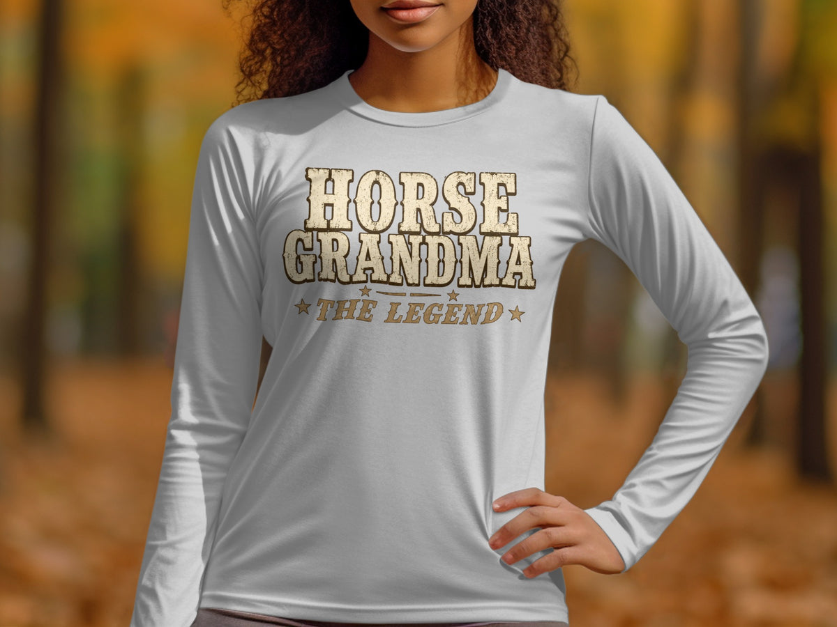 Light grey long-sleeved shirt with "HORSE GRANDMA THE LEGEND" text.