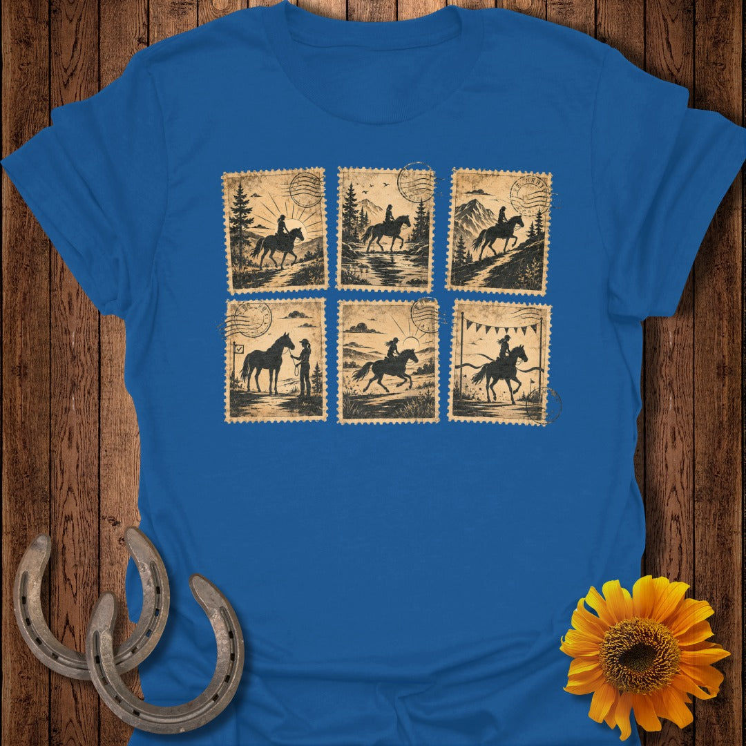 Blue t-shirt with six postage stamp designs of people riding horses.