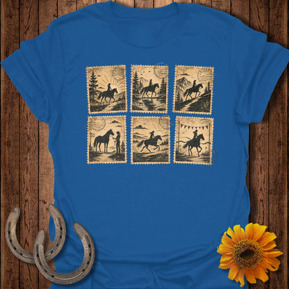 Blue t-shirt with six postage stamp designs of people riding horses.
