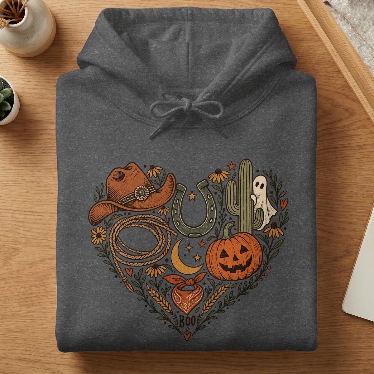 Dark grey hoodie with a heart-shaped western and Halloween graphic.