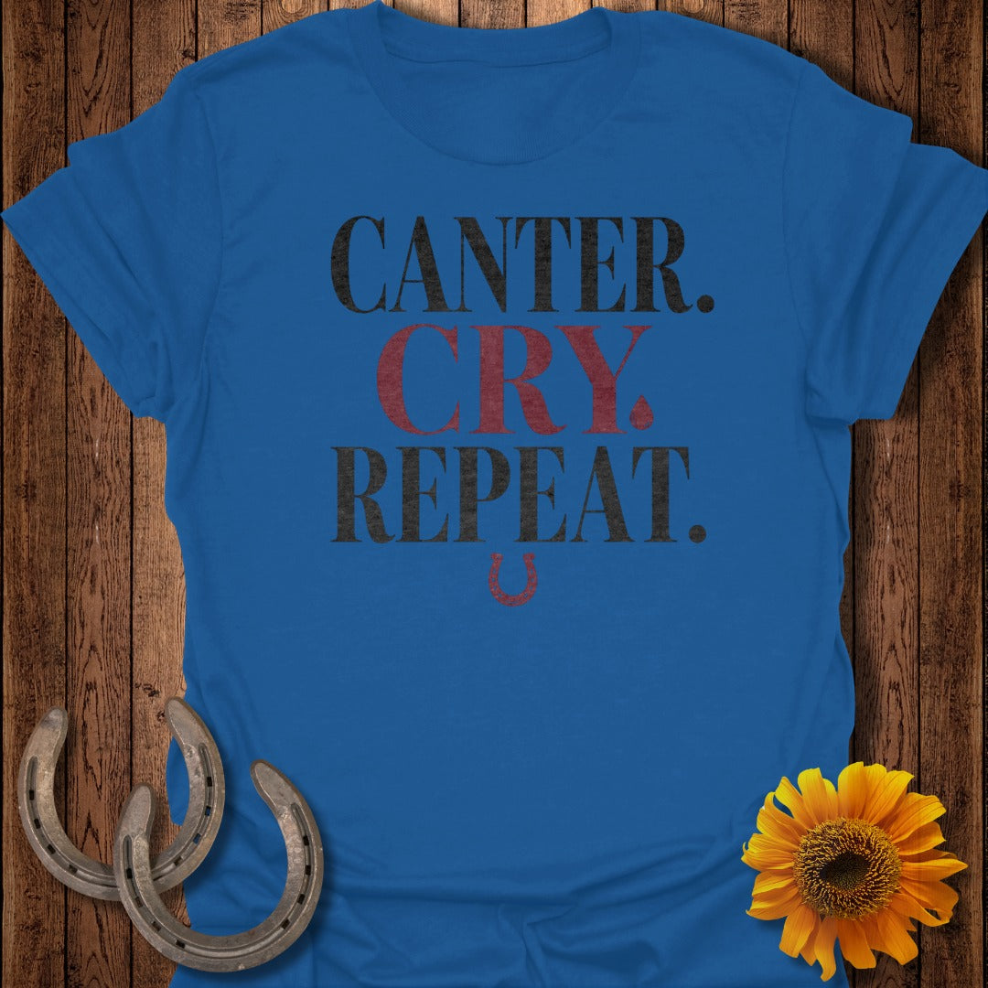 Blue t-shirt with "CANTER. CRY. REPEAT." text and horseshoe accents.