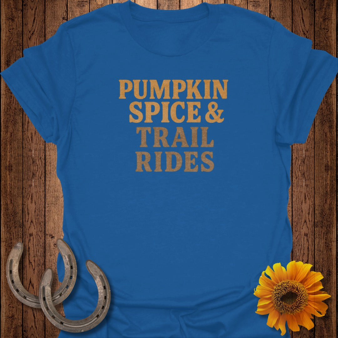 Blue t-shirt with gold text "Pumpkin Spice & Trail Rides", horseshoes, and sunflower.