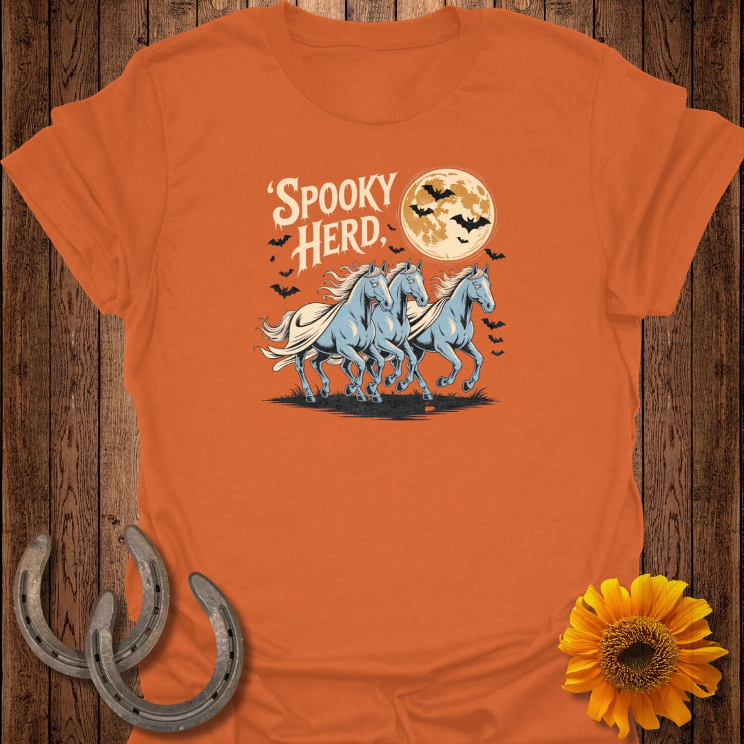 Orange t-shirt with "Spooky Herd" text, three horses, moon, and bats.