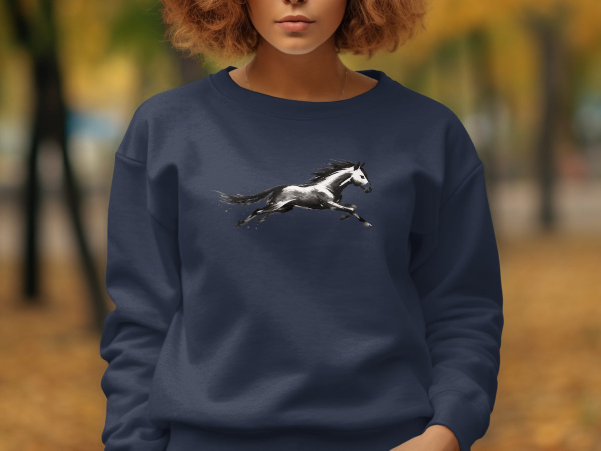 Dark navy sweatshirt with a black and white horse graphic in mid-stride.