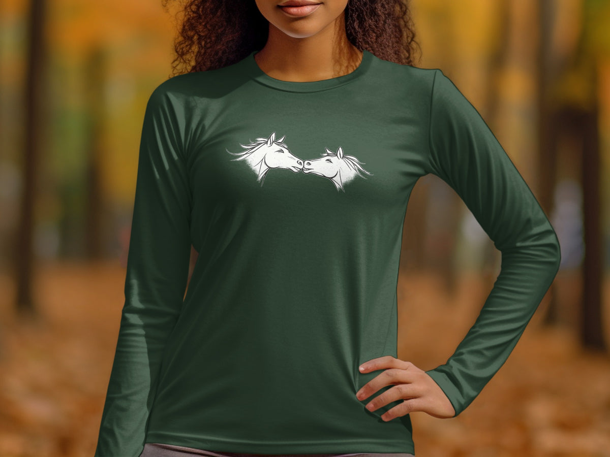 Green long-sleeve shirt with a white graphic of two horses nuzzling.