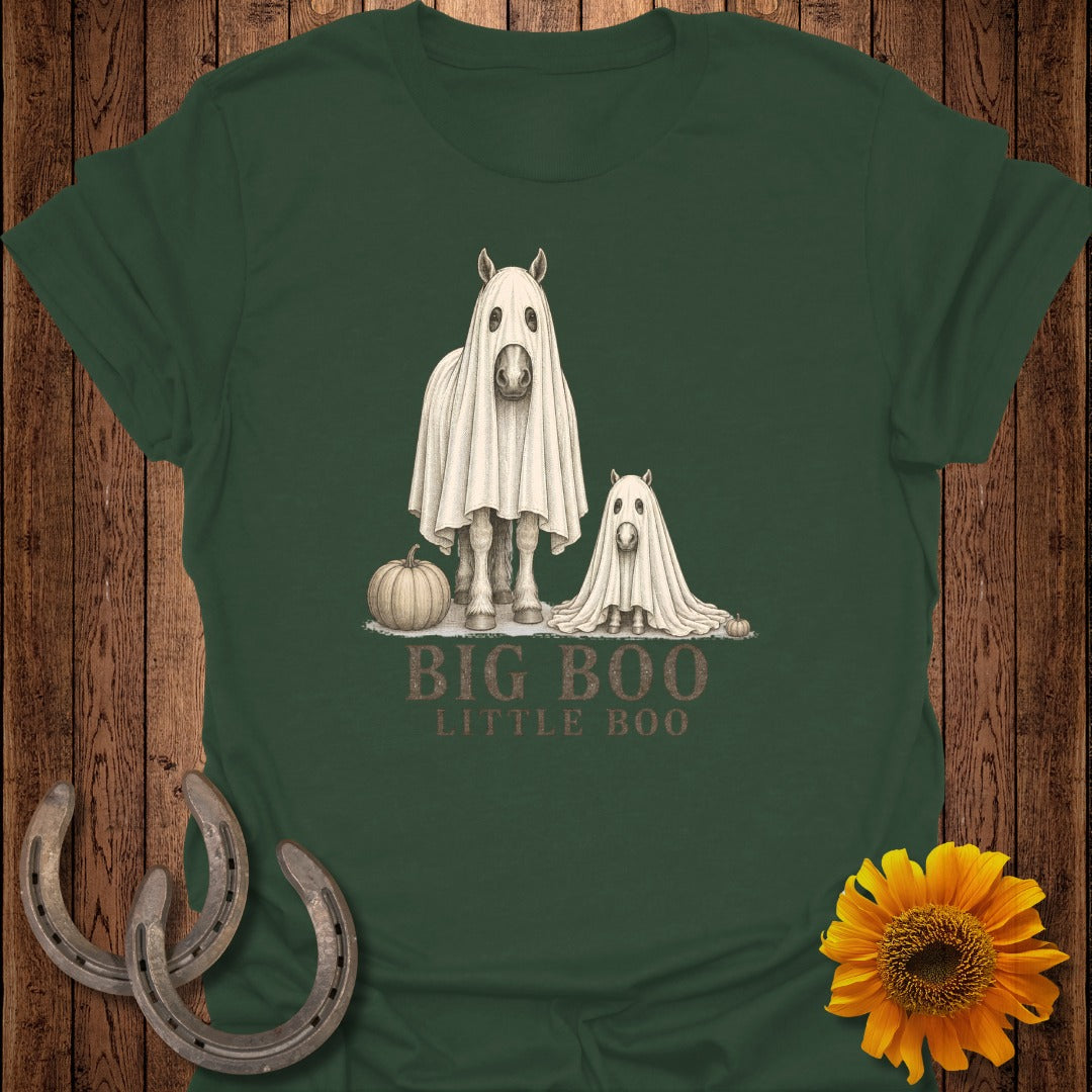 Two horses in ghost costumes, one large and one small, with pumpkins and text "BIG BOO LITTLE BOO".