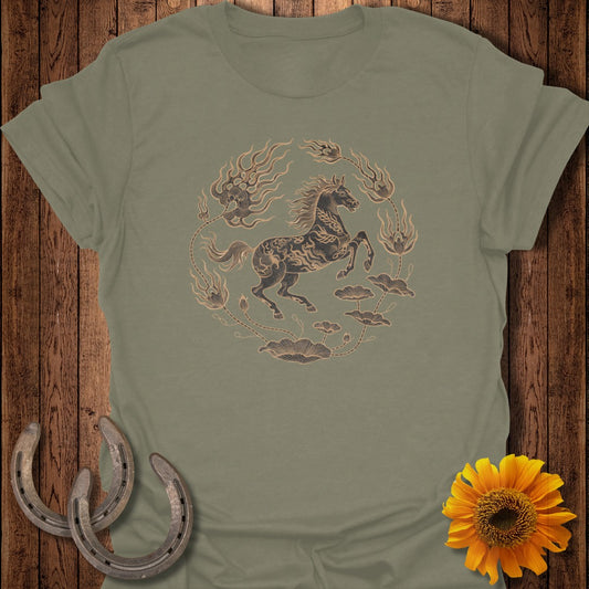 Olive green t-shirt with a circular design of a galloping horse surrounded by clouds and flowers.