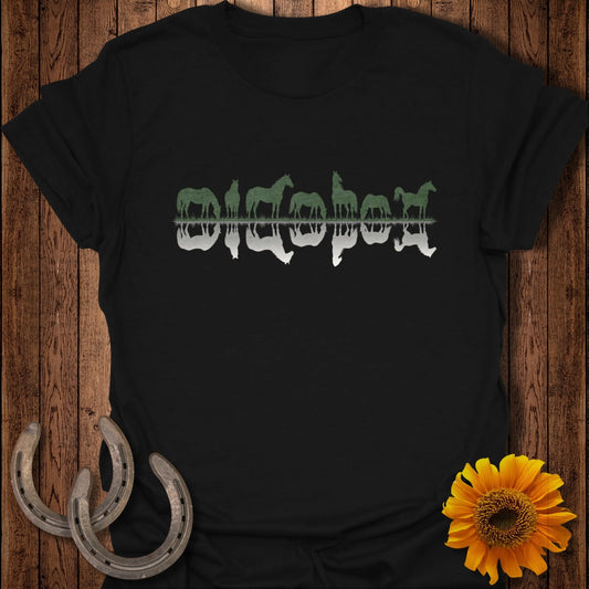 Black t-shirt with row of horses and their reflections.