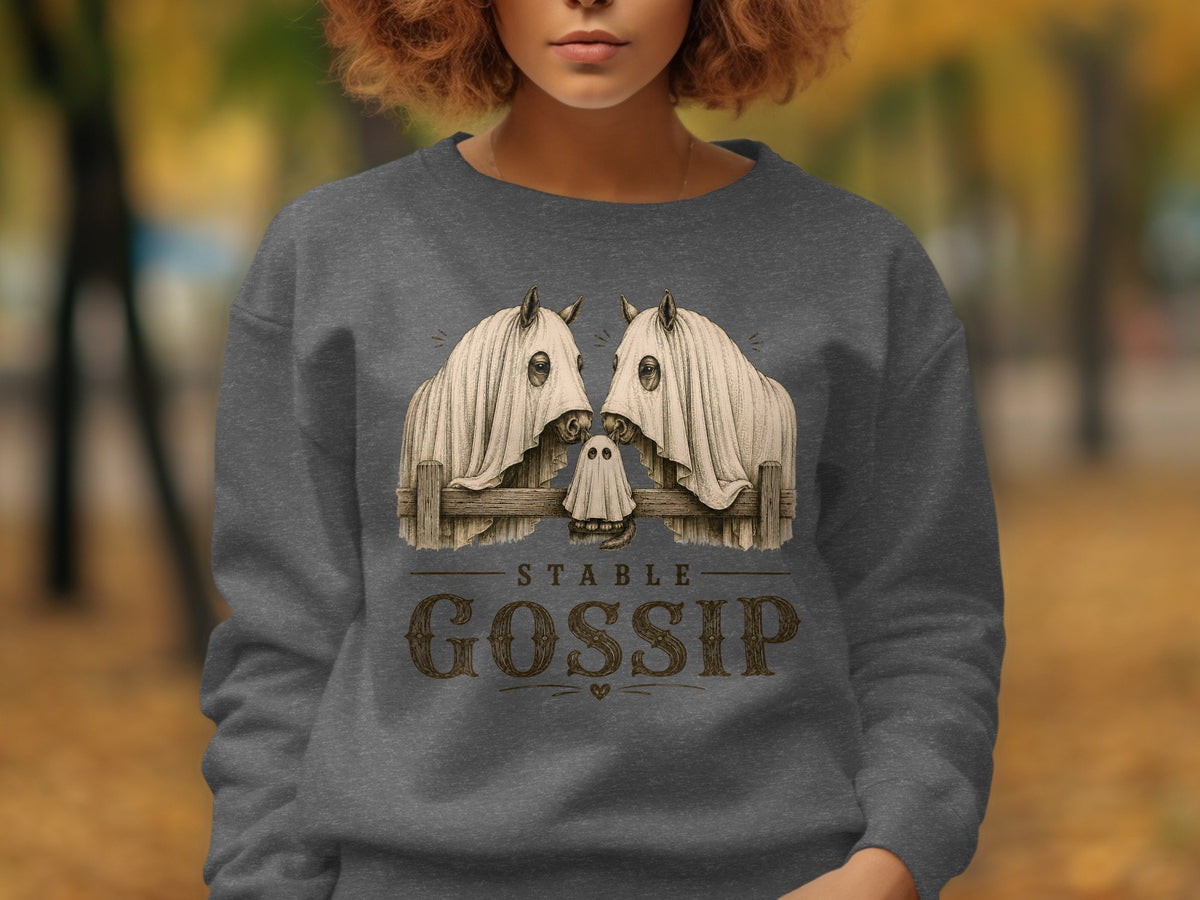 Sweatshirt with ghost horses and the text "Stable Gossip".