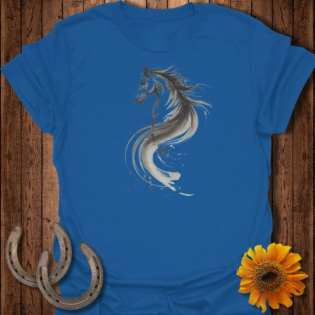 Blue t-shirt with a black and white watercolor horse design.