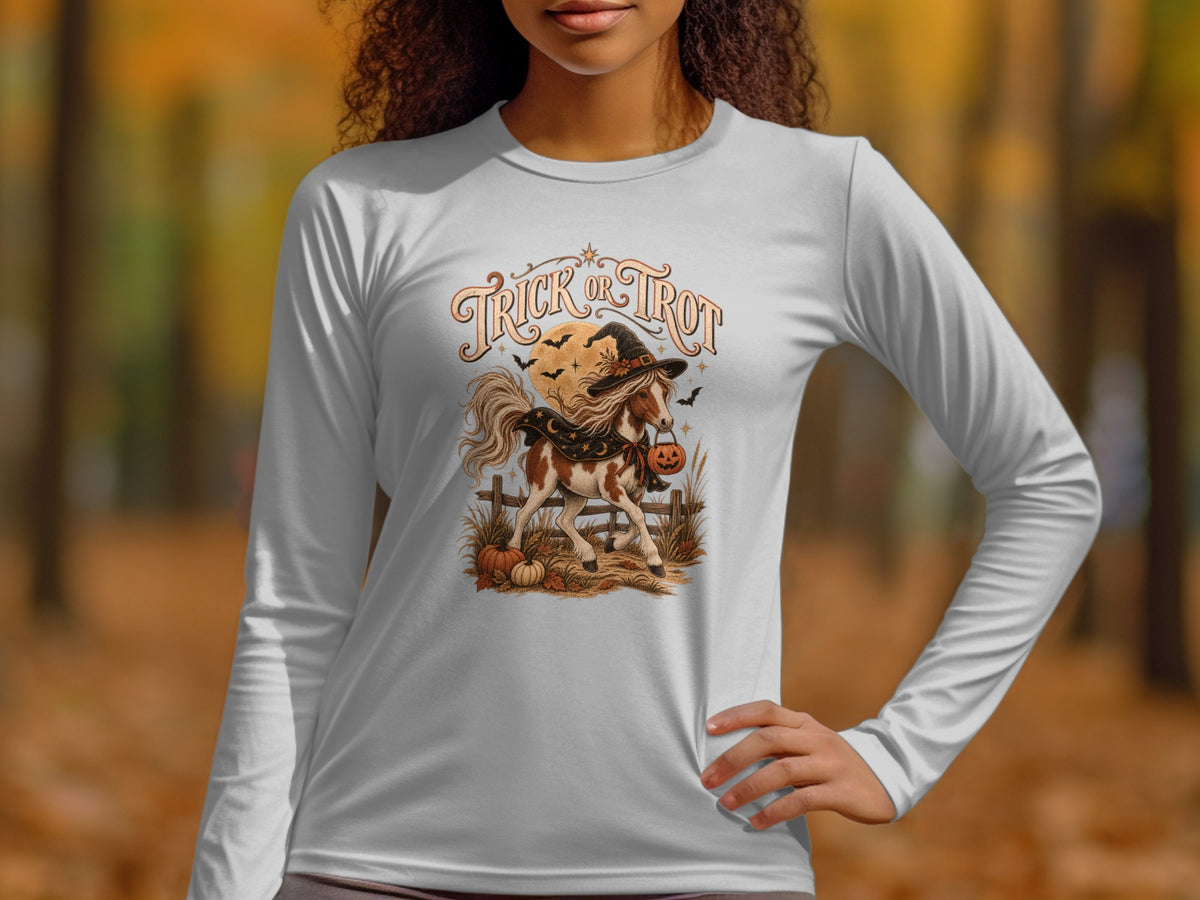 Horse wearing witch hat and holding pumpkin, "Trick or Trot" text.