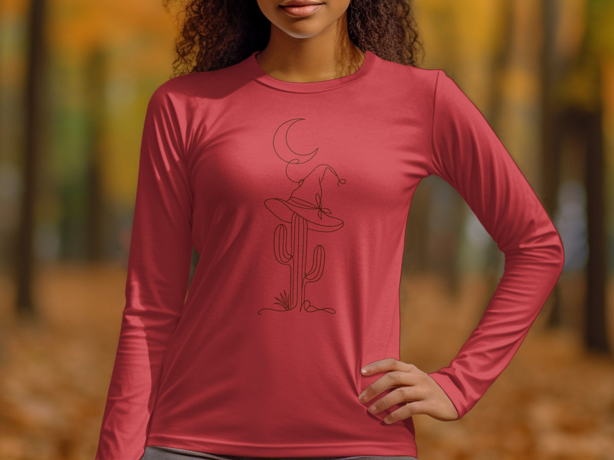 Red long-sleeve shirt with a minimalist cactus, witch hat, and moon graphic.