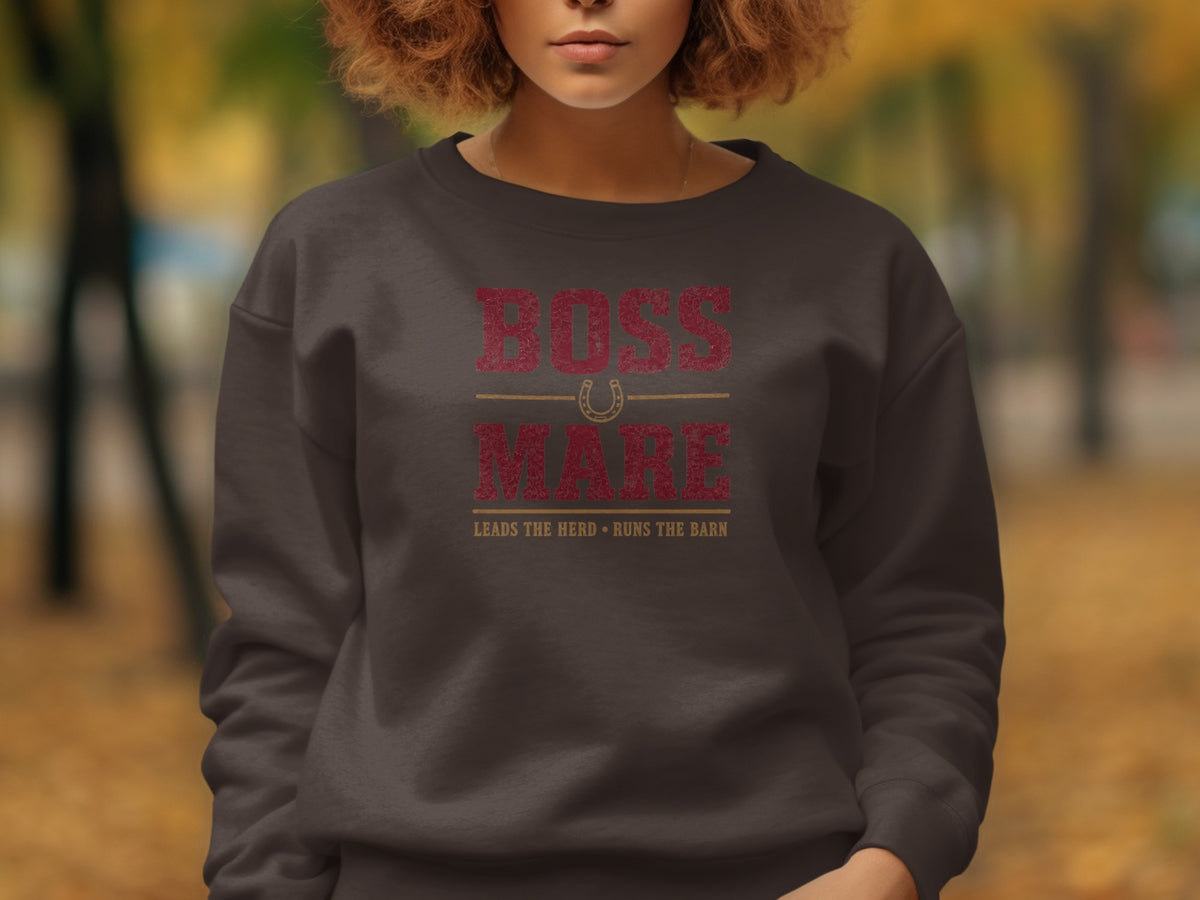 Brown sweatshirt with "BOSS MARE LEADS THE HERD RUNS THE BARN" text.
