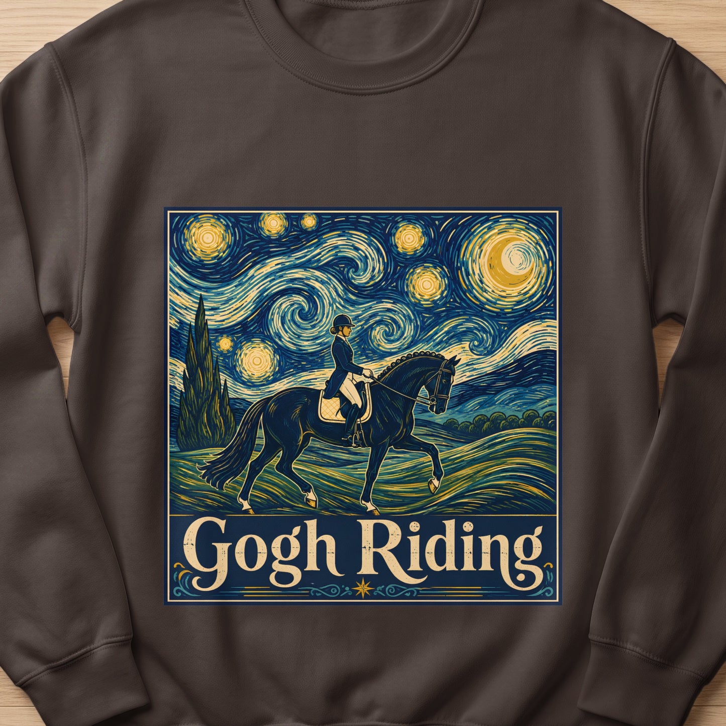 Equestrian rider on a dark horse under a Van Gogh-style starry sky, text "Gogh Riding".