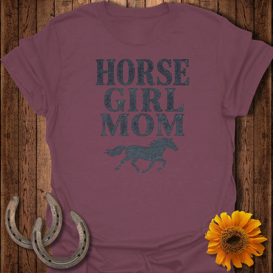 Maroon t-shirt with "Horse Girl Mom" text and running horse graphic.
