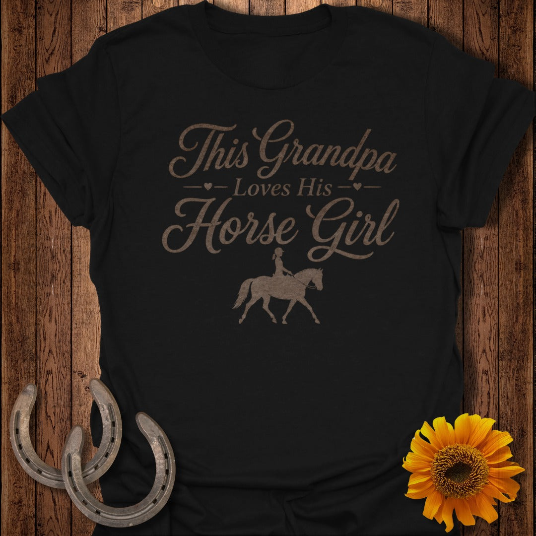 Black t-shirt with "This Grandpa Loves His Horse Girl" text and horse rider graphic.