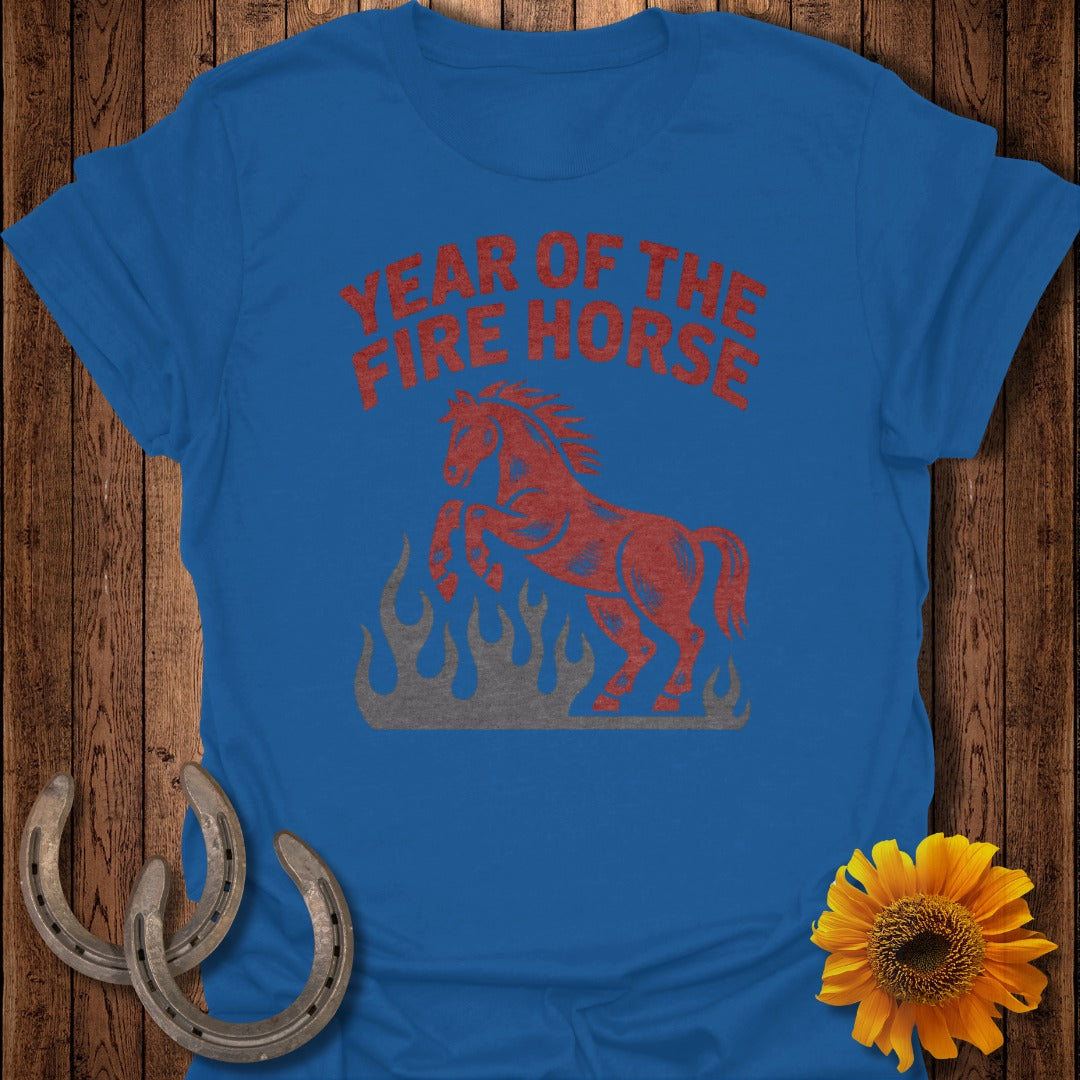 Blue t-shirt with red "Year of the Fire Horse" text and horse graphic.