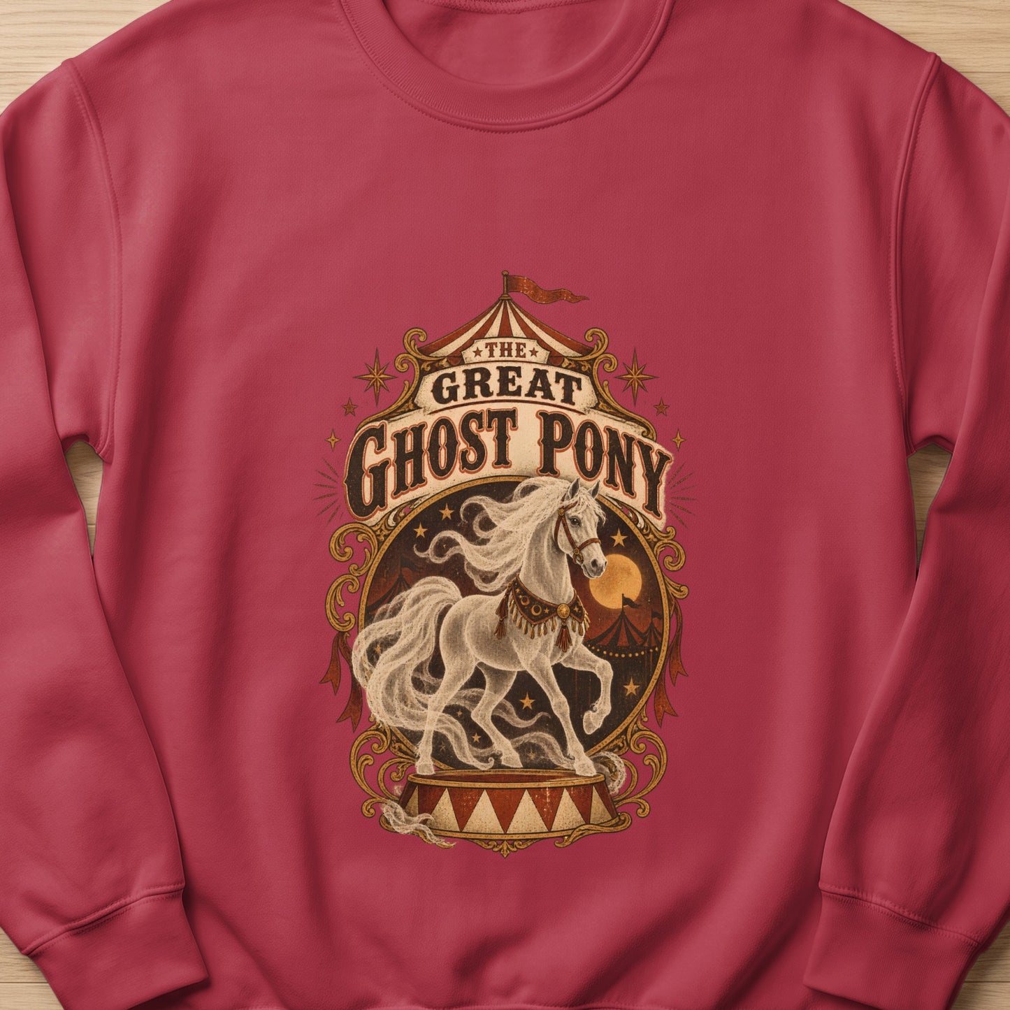 Circus tent graphic with white spectral horse and "The Great Ghost Pony" text.