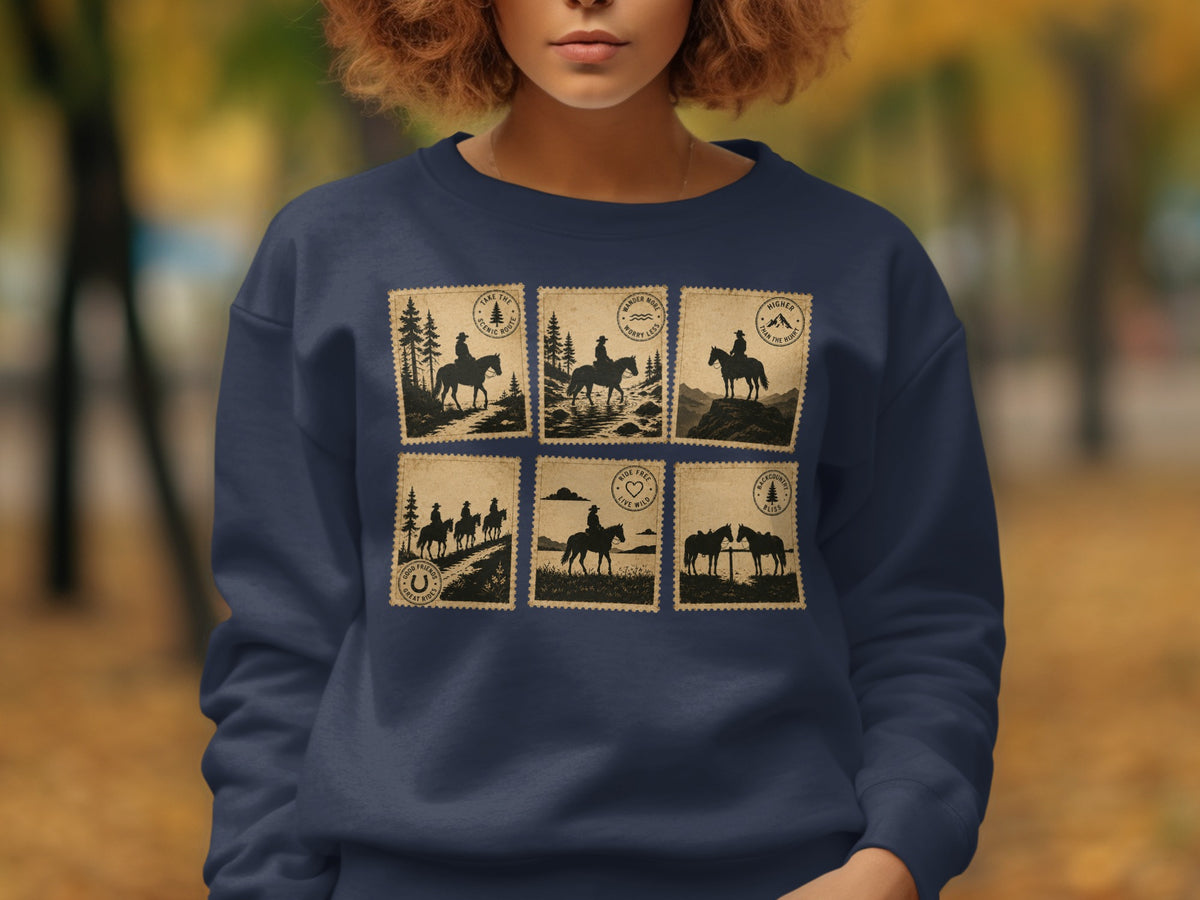 Navy sweatshirt featuring six postage stamp-style graphics of horses and riders.