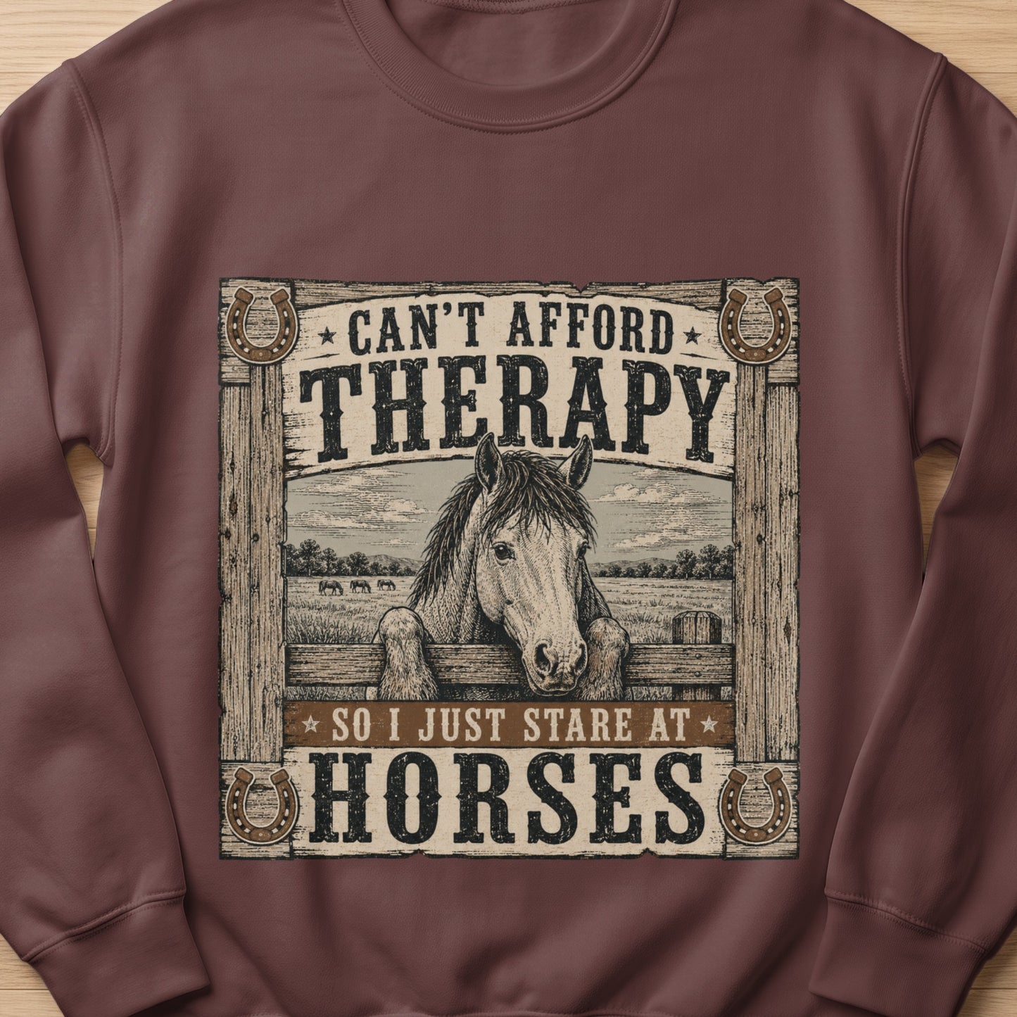 Graphic with horse and text "Can't afford therapy so I just stare at horses."