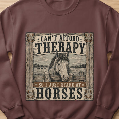 Graphic with horse and text "Can't afford therapy so I just stare at horses."