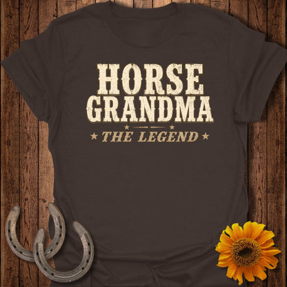 Brown t-shirt with "HORSE GRANDMA THE LEGEND" text and horseshoe accents.