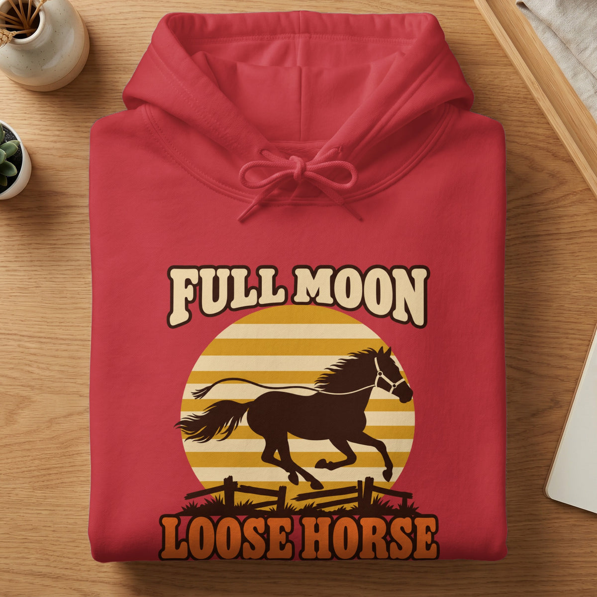Red hoodie with "FULL MOON LOOSE HORSE" text and a running horse graphic.