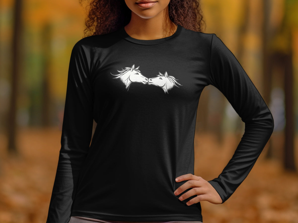 Black long-sleeve shirt with white graphic of two horses nuzzling heads.