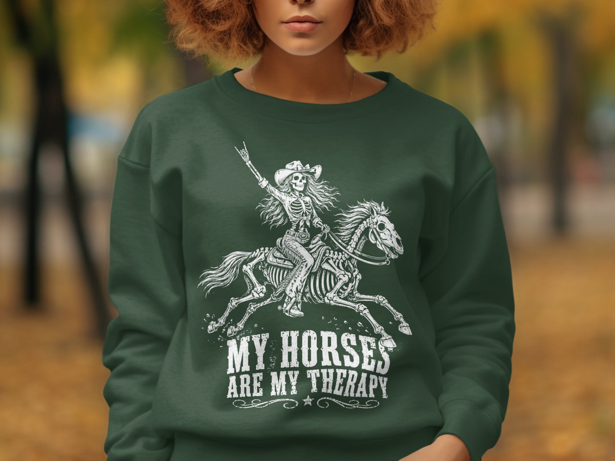 Skeleton rider on a horse with text "MY HORSES ARE MY THERAPY".