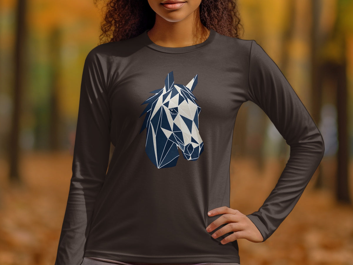 Long-sleeve shirt with abstract blue and white geometric horse graphic.