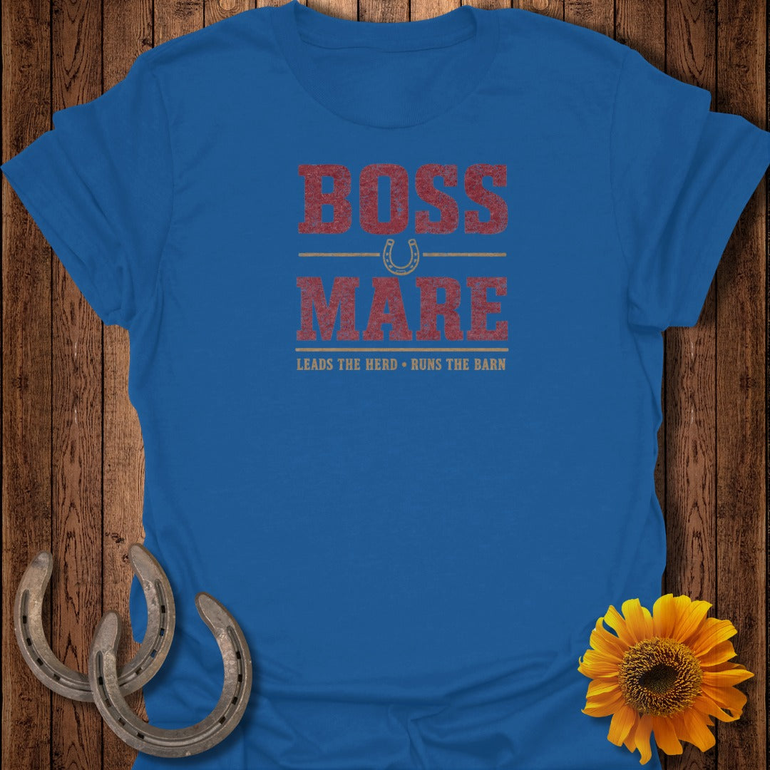 Blue t-shirt with "Boss Mare Leads The Herd Runs The Barn" text and horseshoe graphic.