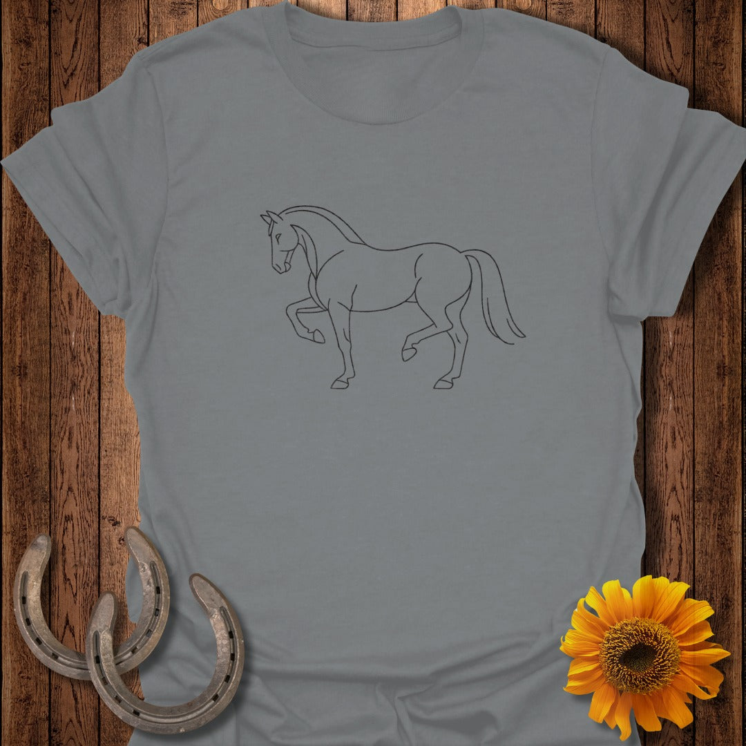 Grey t-shirt with line drawing of a horse, two horseshoes, and a sunflower.