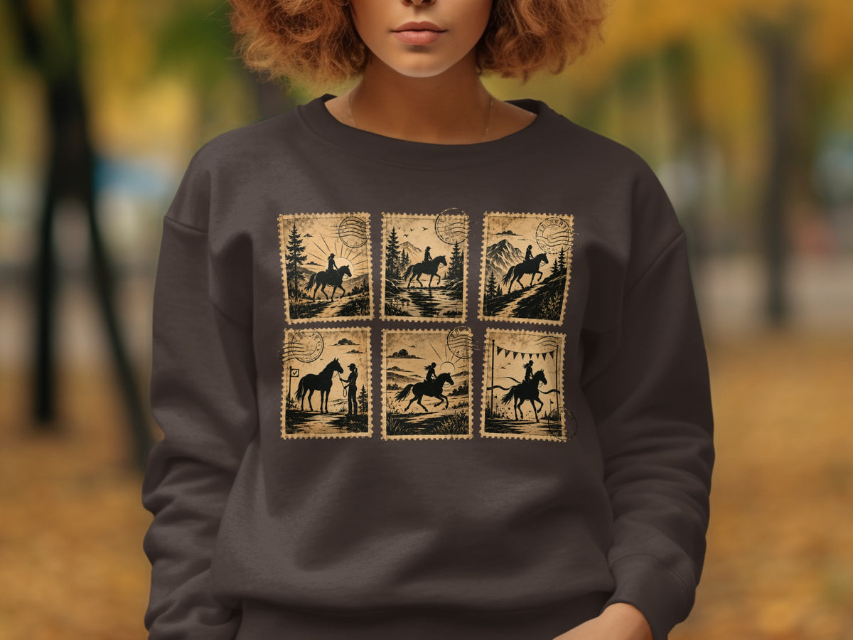 Dark gray sweatshirt with six vintage postage stamp style graphics of horseback riders.