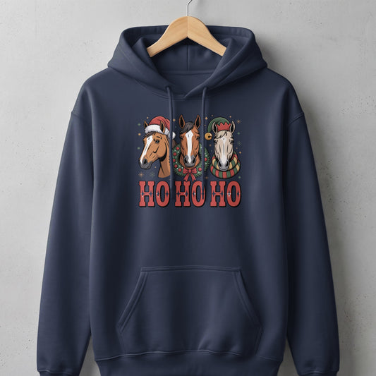 Navy hoodie with three festive horses and "HO HO HO" text graphic.