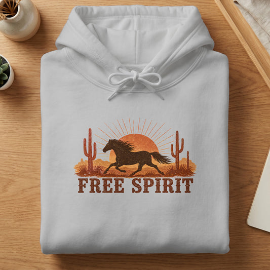 White hoodie with "Free Spirit" text and a running horse desert graphic.