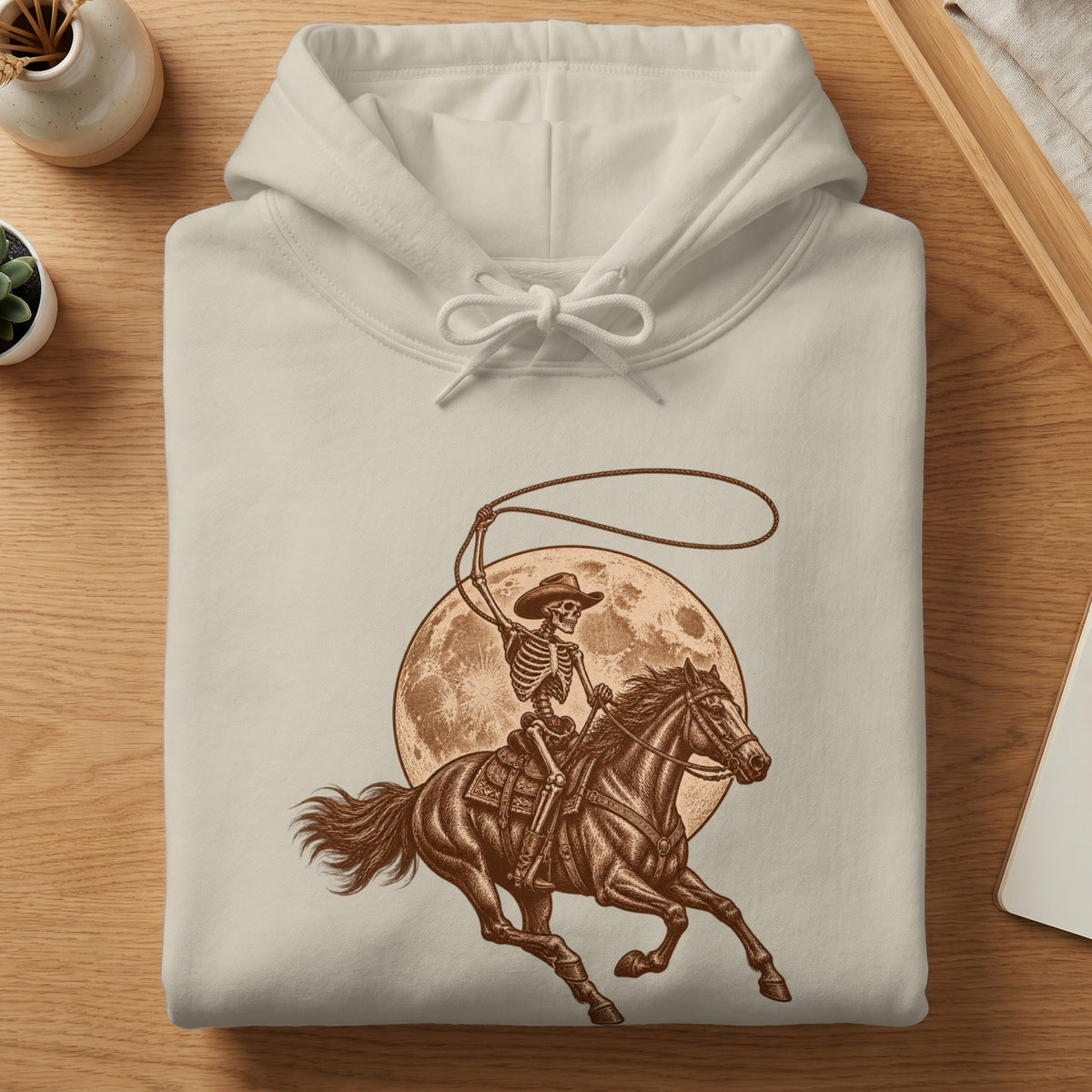 Skeleton cowboy on horseback with lasso in front of large moon on cream hoodie.